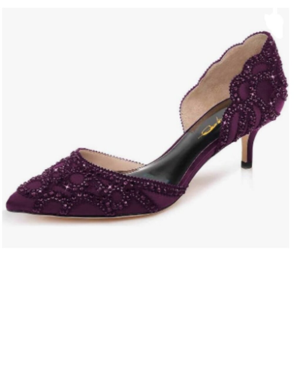 XYD Dark Purple Pump Pointed Toe, D'Orsay Kitten Low Heels, Rhinestone Shoes